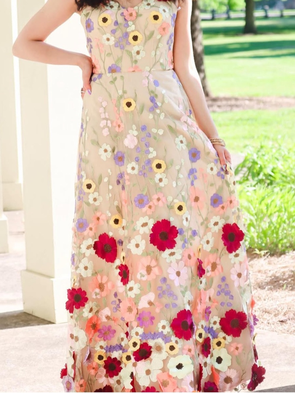 AW bridal Floral Embroidered Maxi Dress in Neutral with Multicolor Flowers